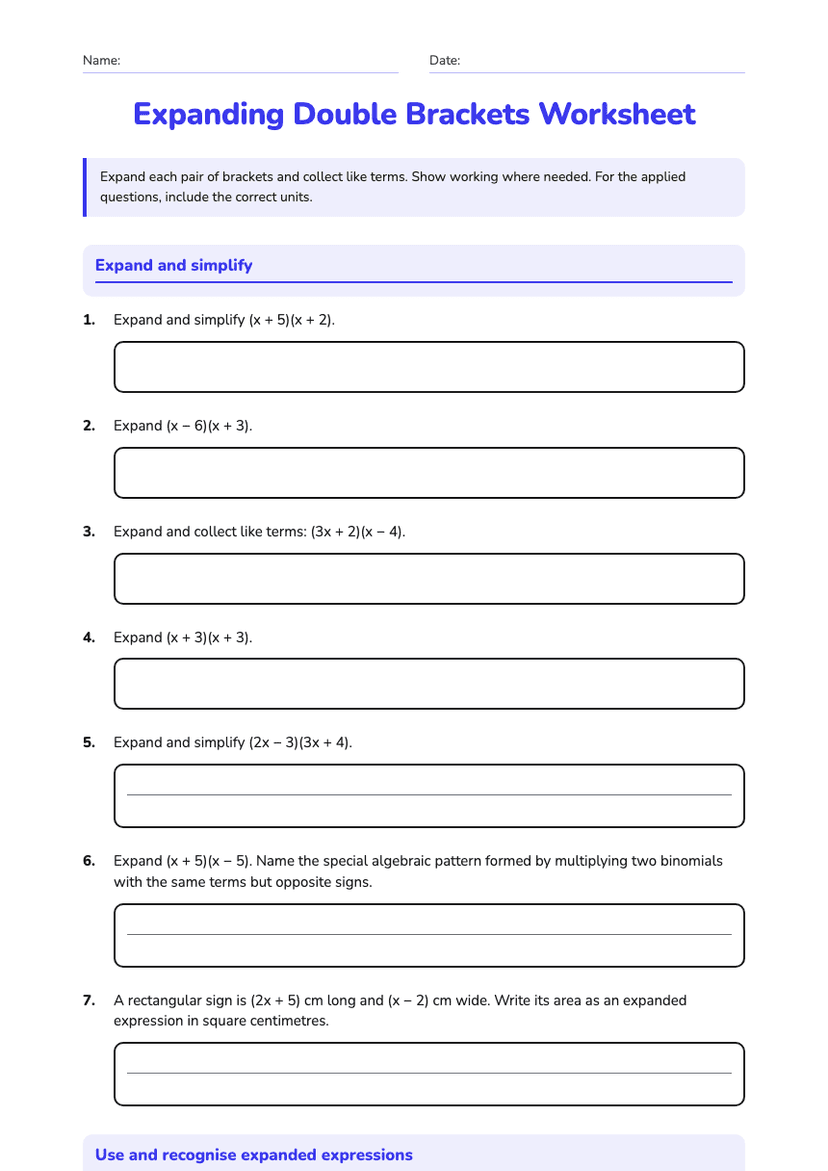 Expanding Double Brackets Worksheet