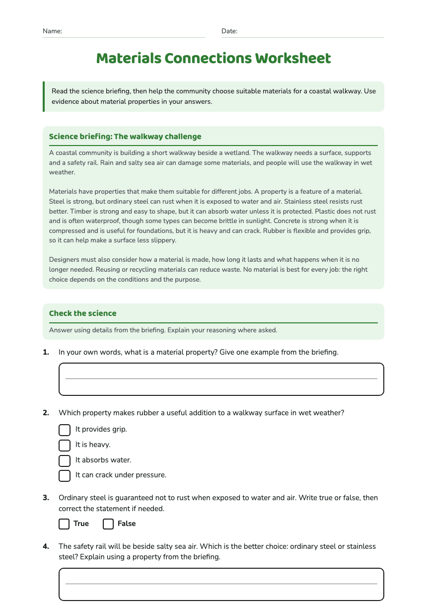 Materials Connections Worksheet worksheet preview
