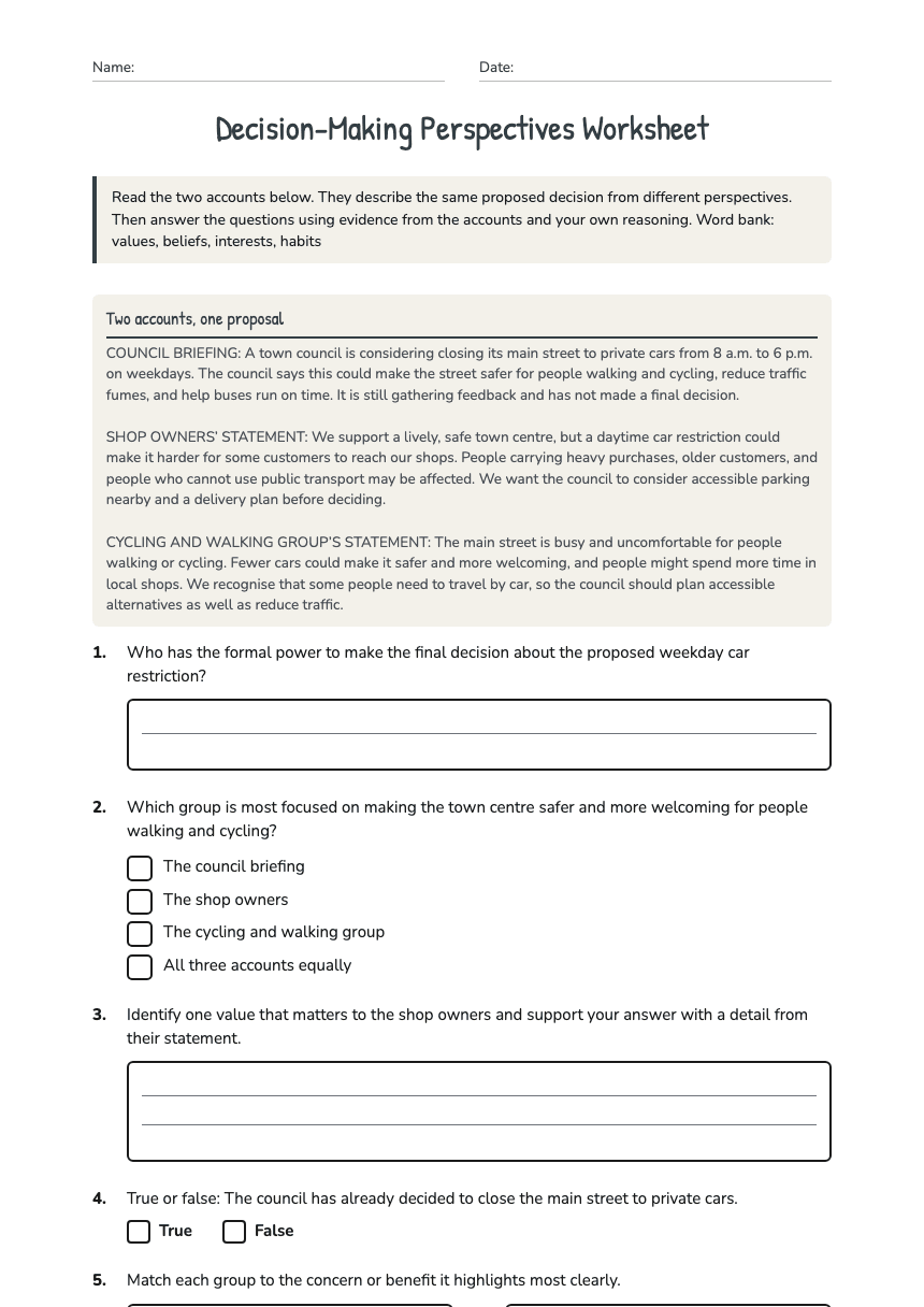 Decision-Making Perspectives Worksheet worksheet preview