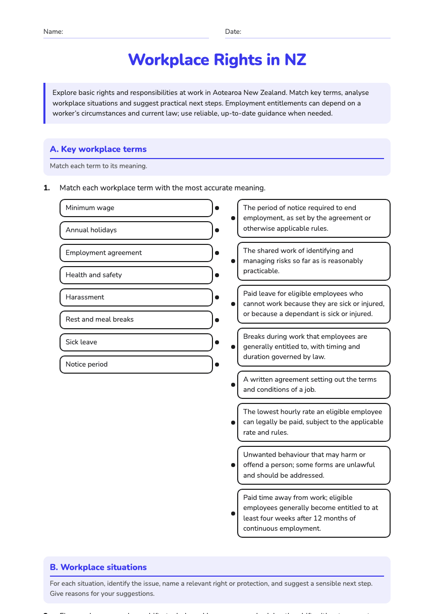 Workplace Rights in NZ worksheet preview