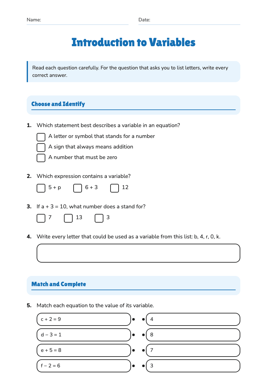Introduction to Variables worksheet preview