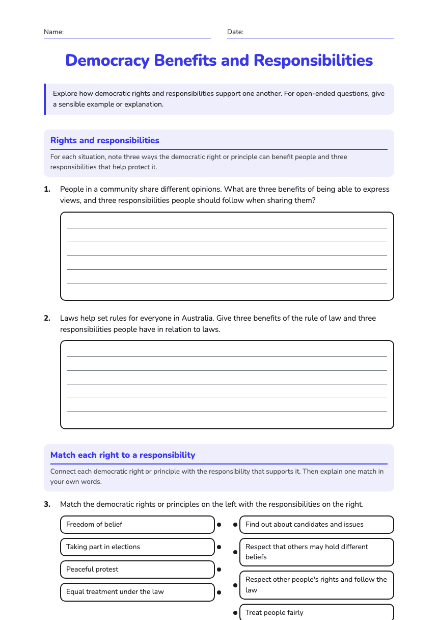 Democracy Benefits and Responsibilities worksheet preview