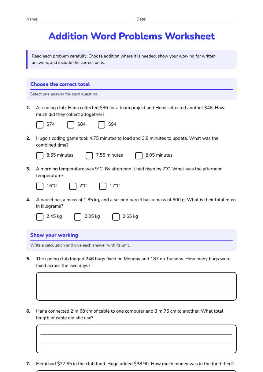 Addition Word Problems Worksheet worksheet preview