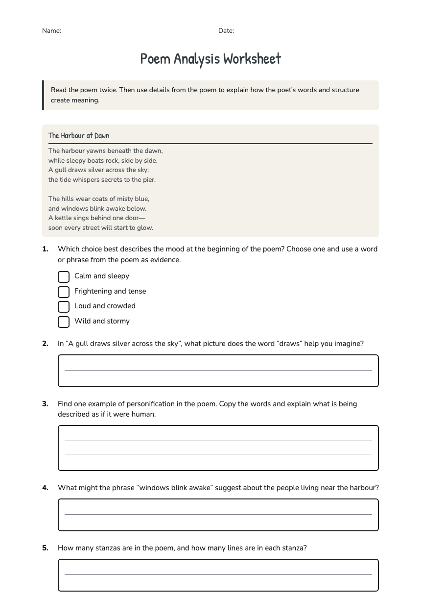 Poem Analysis Worksheet worksheet preview