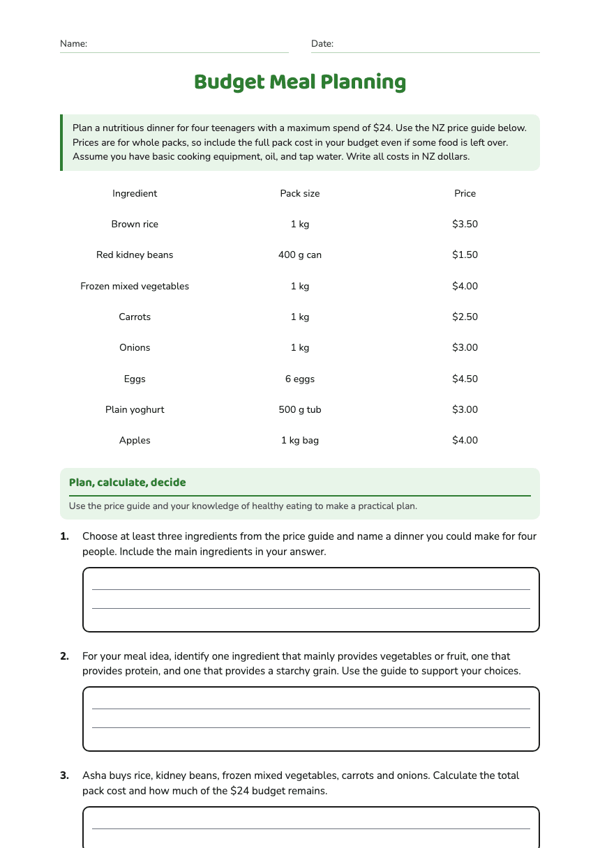 Budget Meal Planning worksheet preview