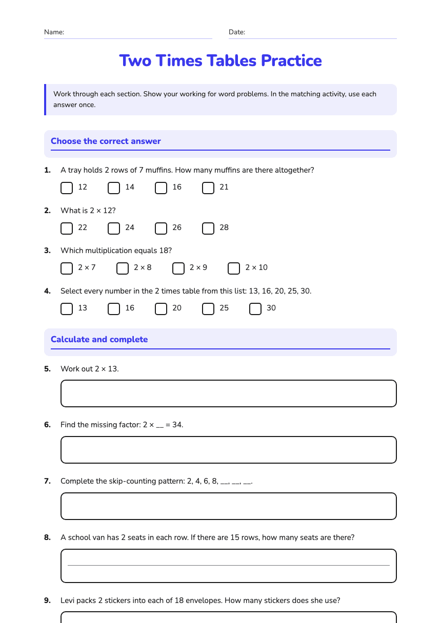 Two Times Tables Practice worksheet preview