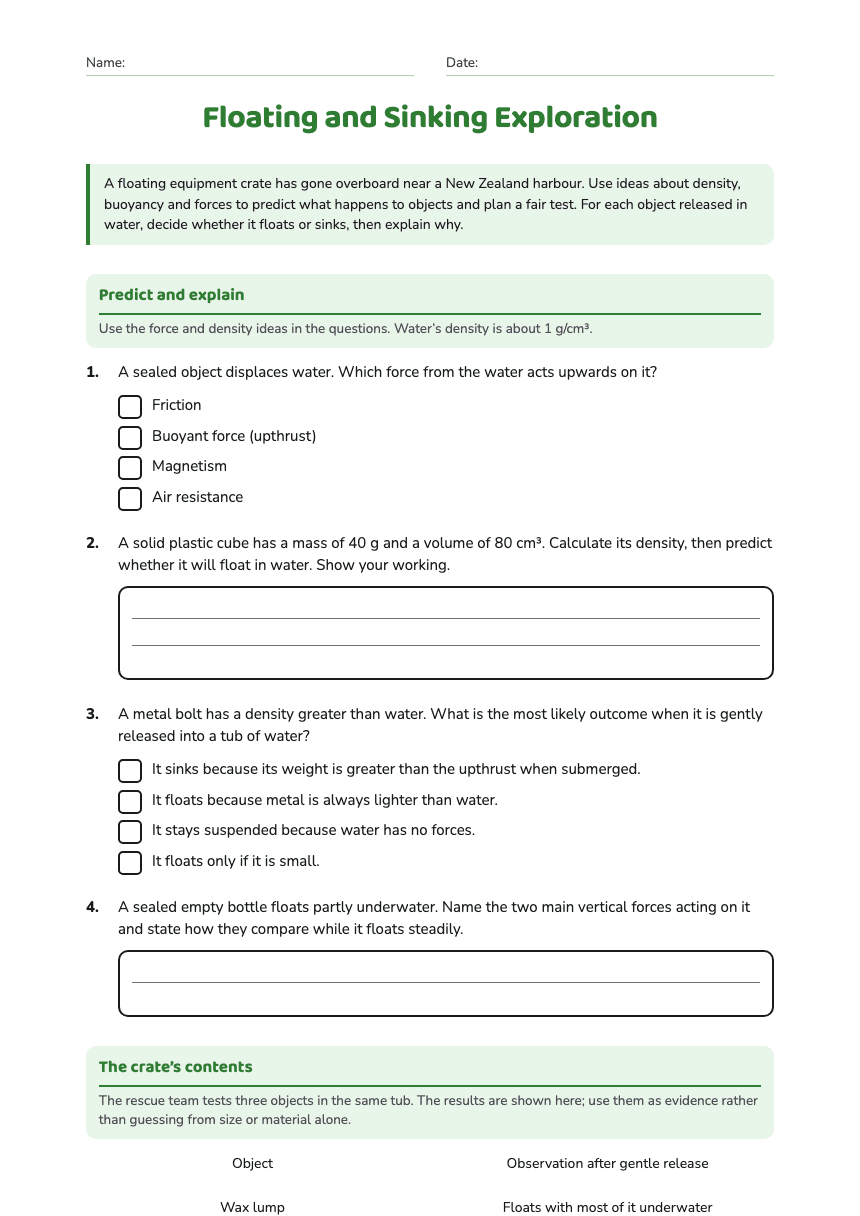 Floating and Sinking Exploration worksheet preview
