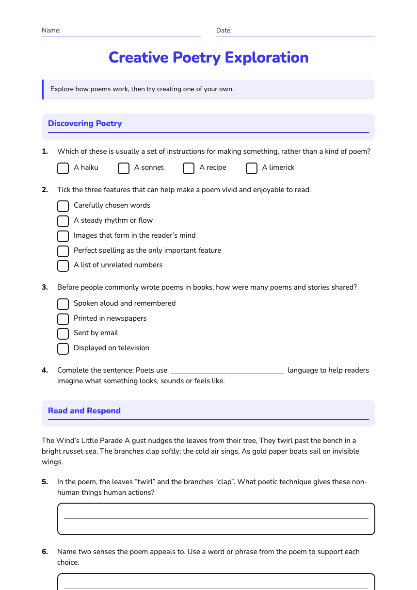 Creative Poetry Exploration worksheet preview