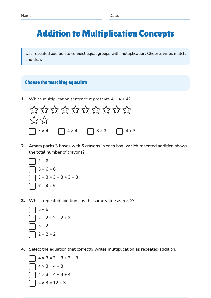 Addition to Multiplication Concepts worksheet preview