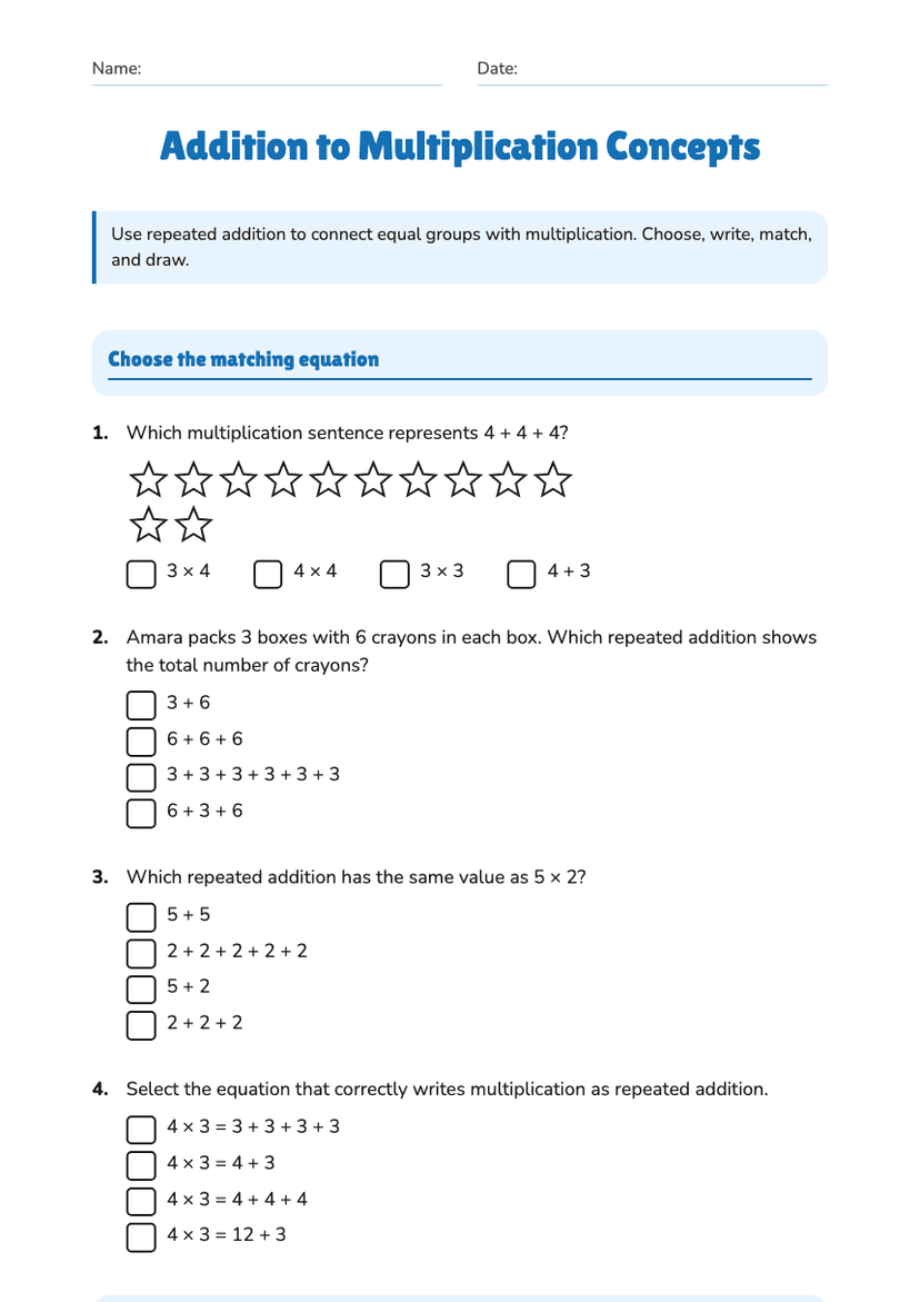 Addition to Multiplication Concepts