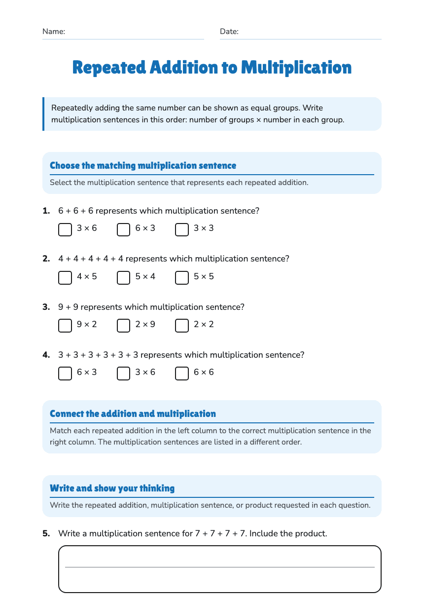 Repeated Addition to Multiplication worksheet preview