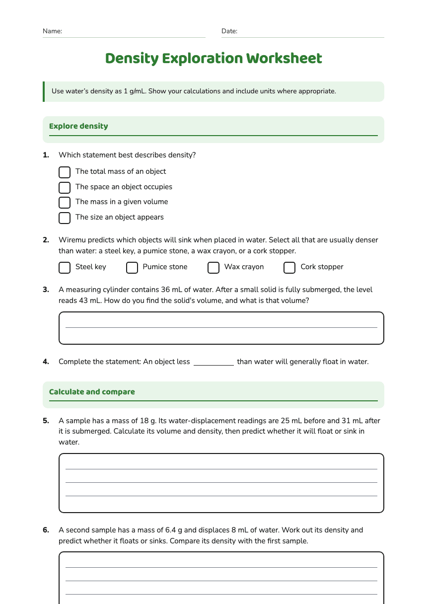 Density Exploration Worksheet worksheet preview