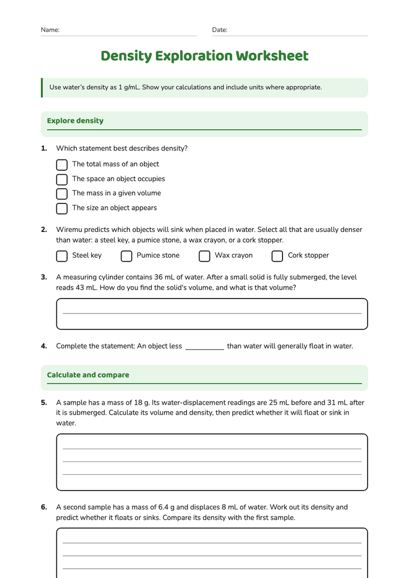Density Exploration Worksheet