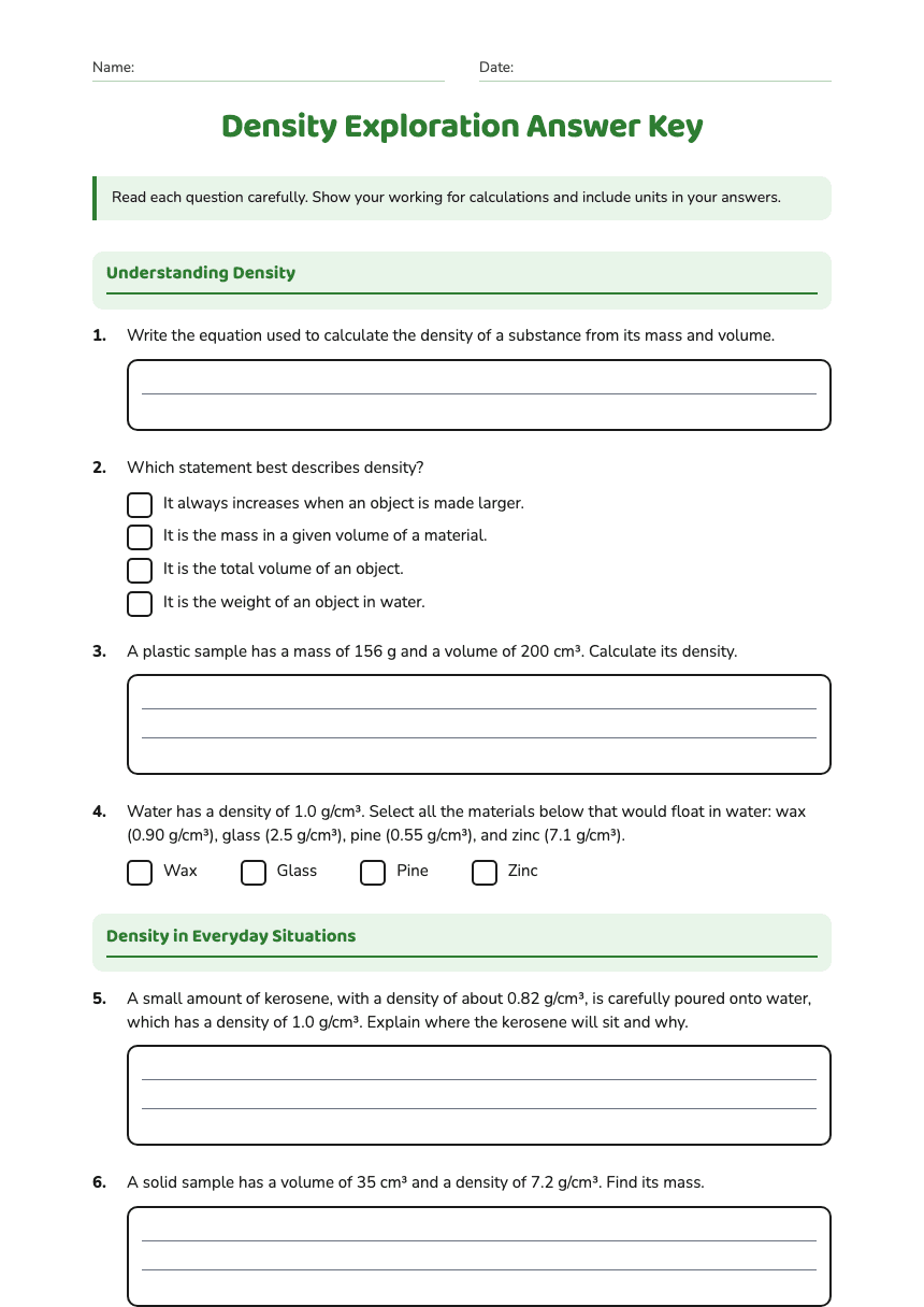 Density Exploration Answer Key worksheet preview