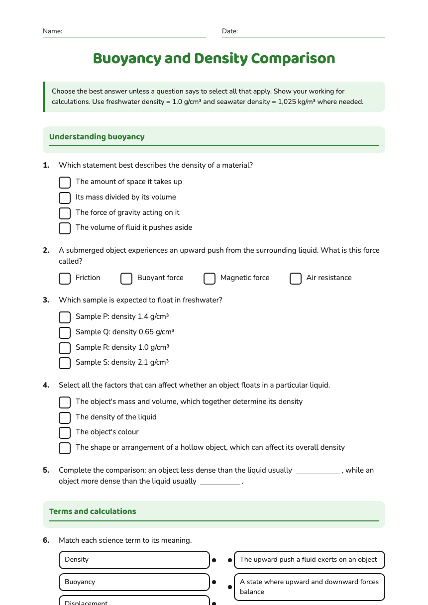 Buoyancy and Density Comparison worksheet preview