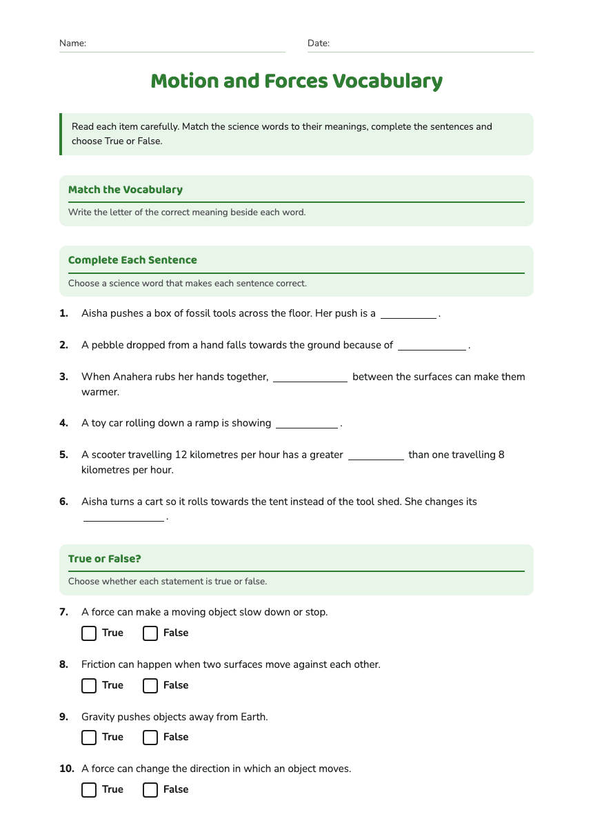 Motion and Forces Vocabulary worksheet preview