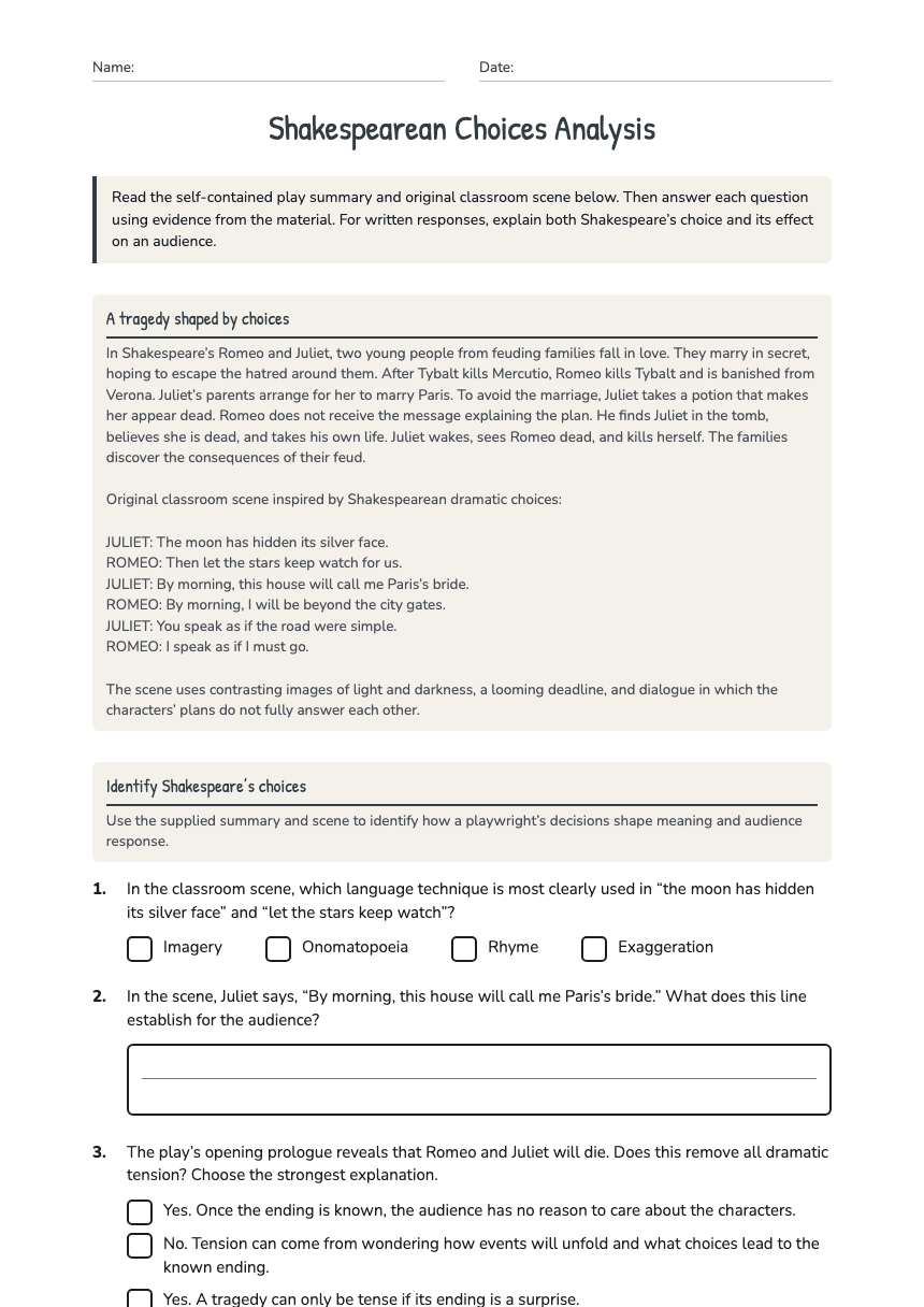 Shakespearean Choices Analysis worksheet preview