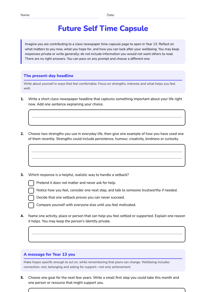 Future Self Time Capsule worksheet preview