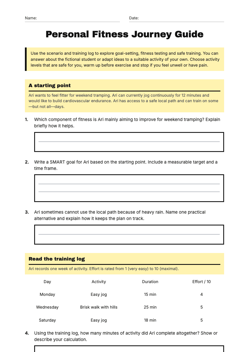 Personal Fitness Journey Guide worksheet preview
