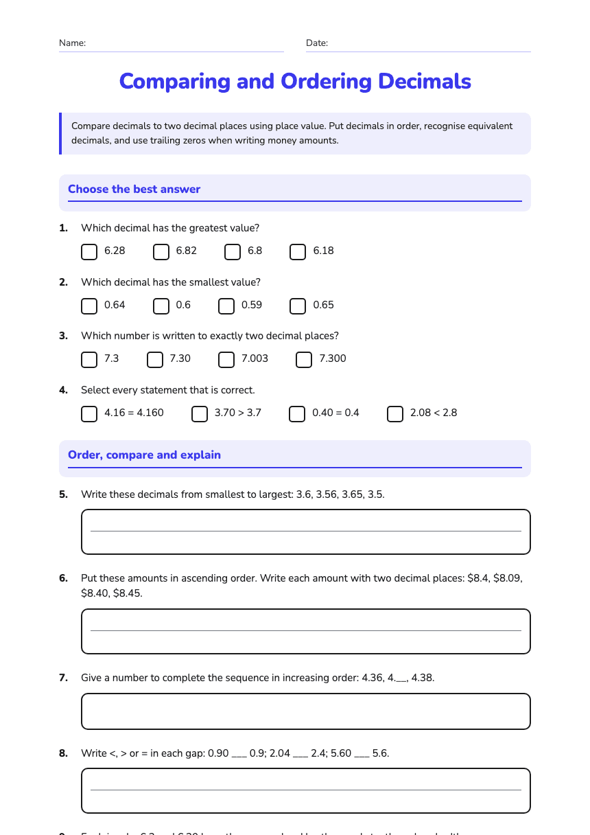 Comparing and Ordering Decimals worksheet preview