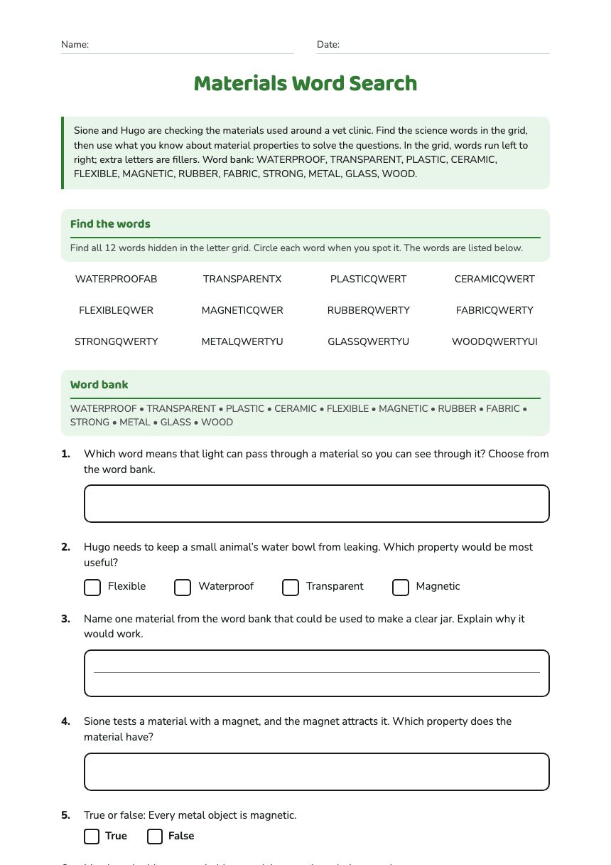 Materials Word Search worksheet preview