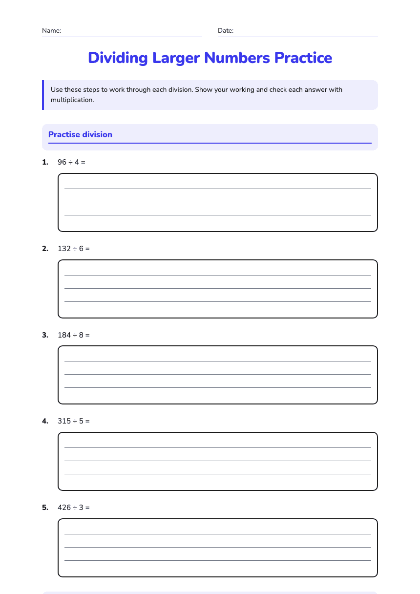 Dividing Larger Numbers Practice worksheet preview