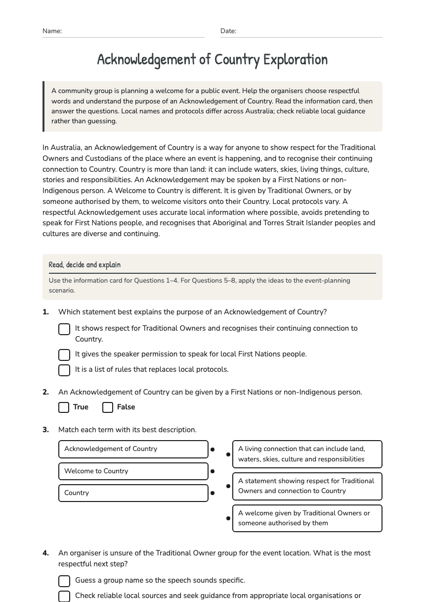 Acknowledgement of Country Exploration worksheet preview