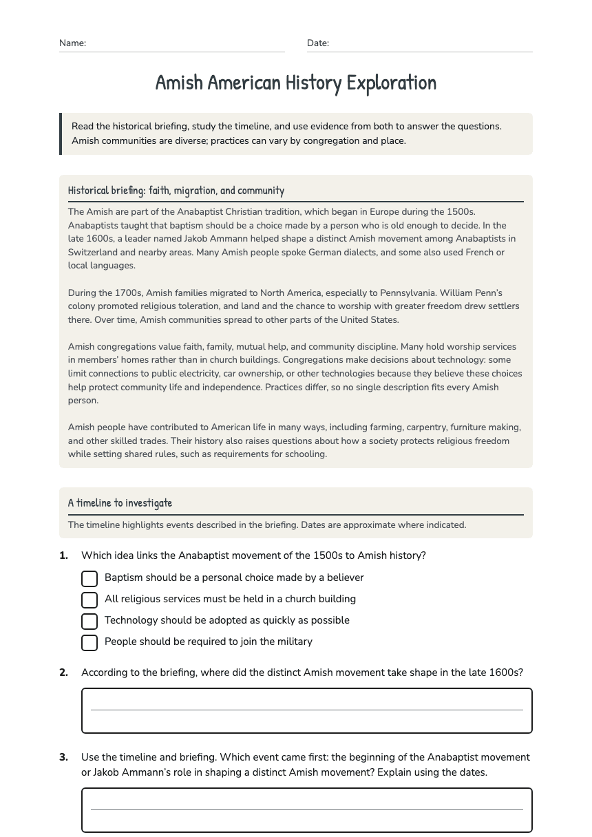 Amish American History Exploration worksheet preview