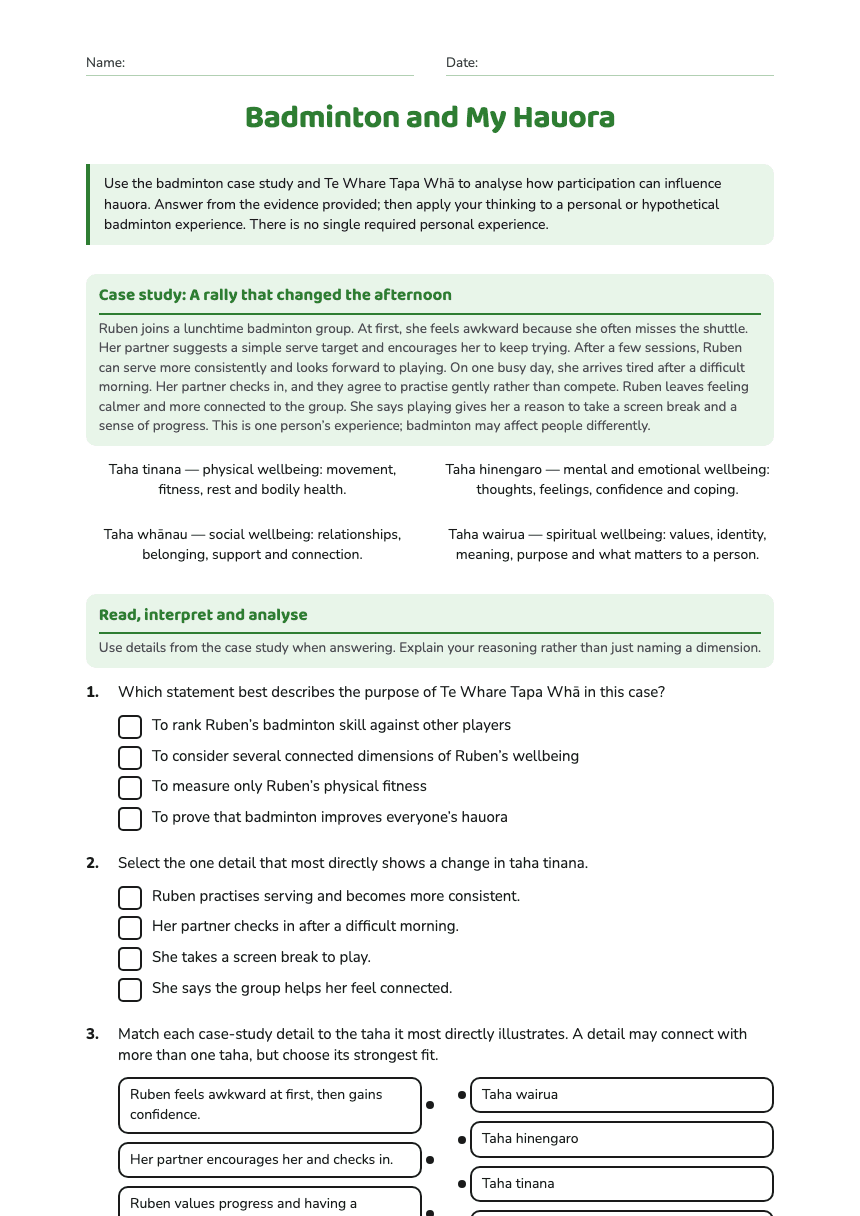 Badminton and My Hauora worksheet preview