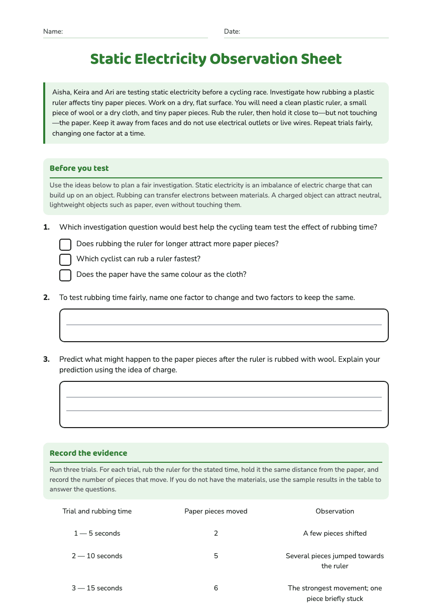 Static Electricity Observation Sheet worksheet preview