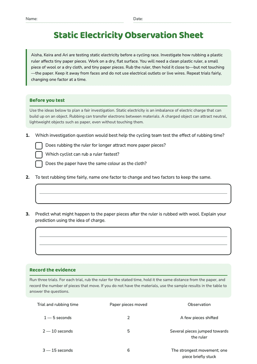 Static Electricity Observation Sheet