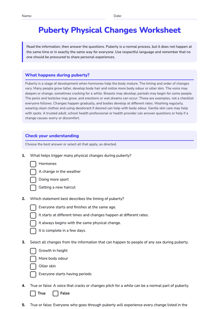 Puberty Physical Changes Worksheet worksheet preview