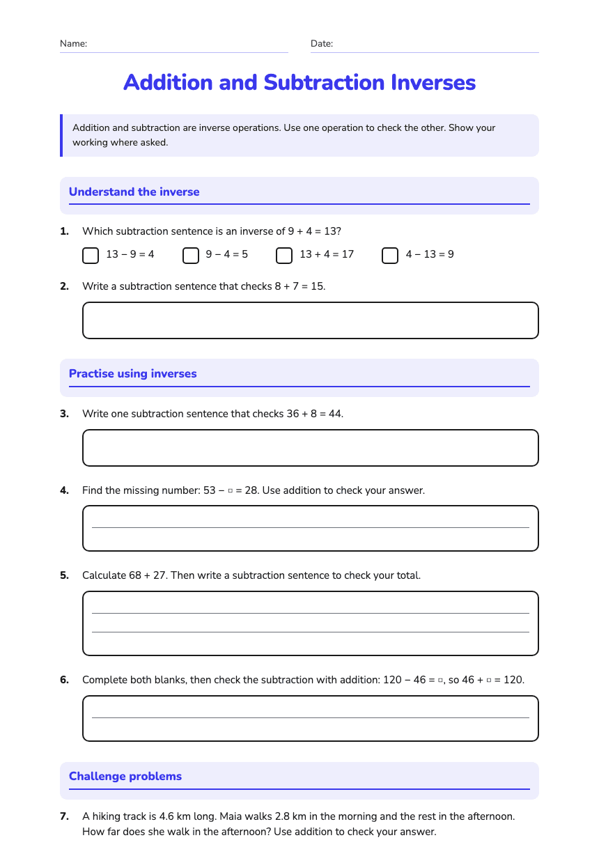 Addition and Subtraction Inverses worksheet preview