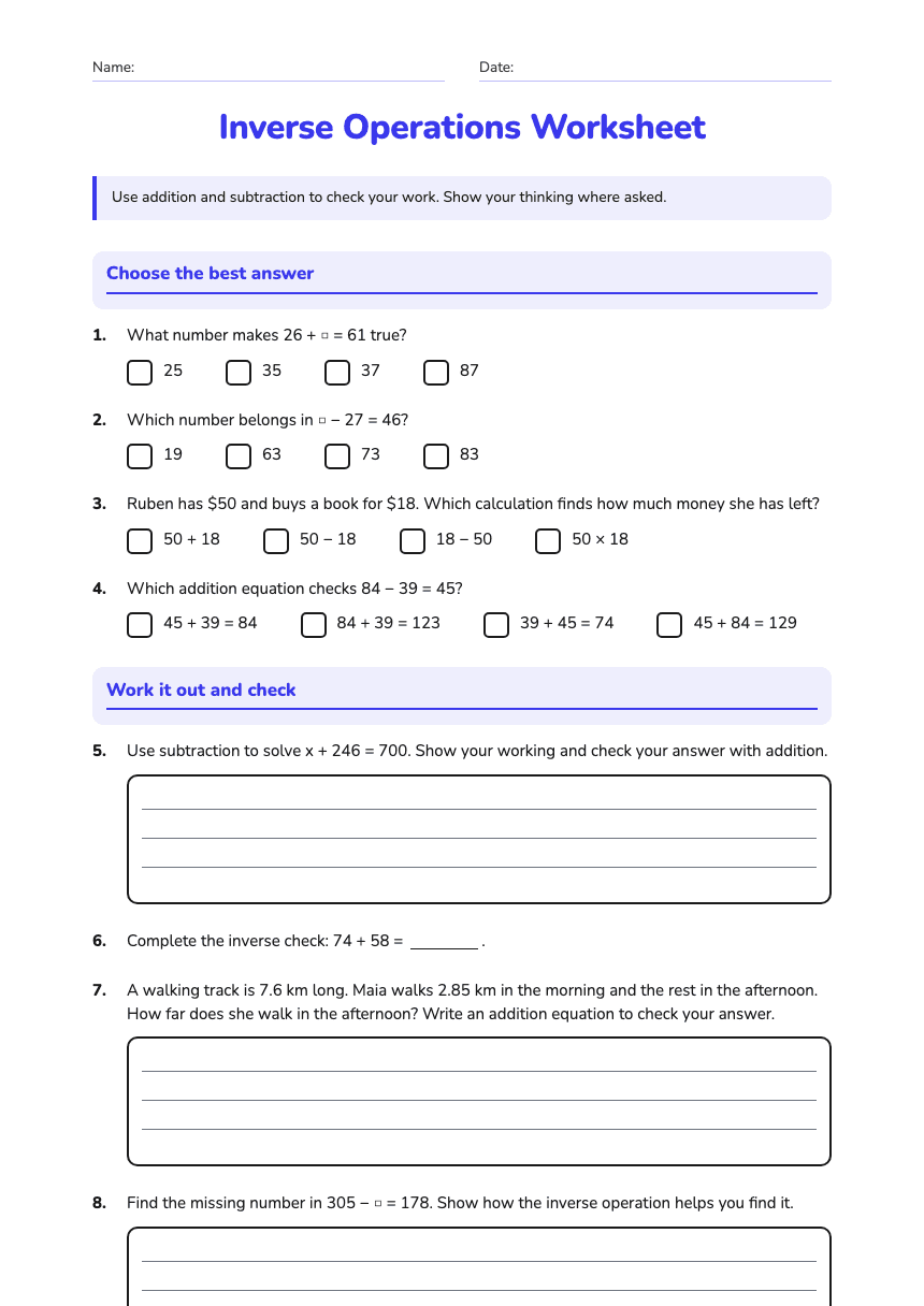 Inverse Operations Worksheet worksheet preview