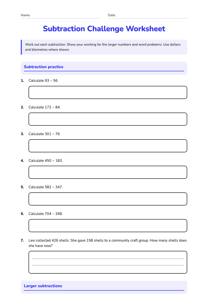 Subtraction Challenge Worksheet worksheet preview