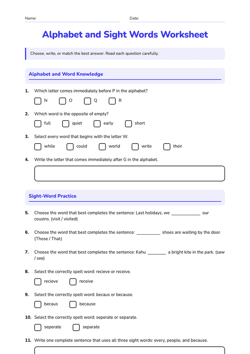 Alphabet and Sight Words Worksheet