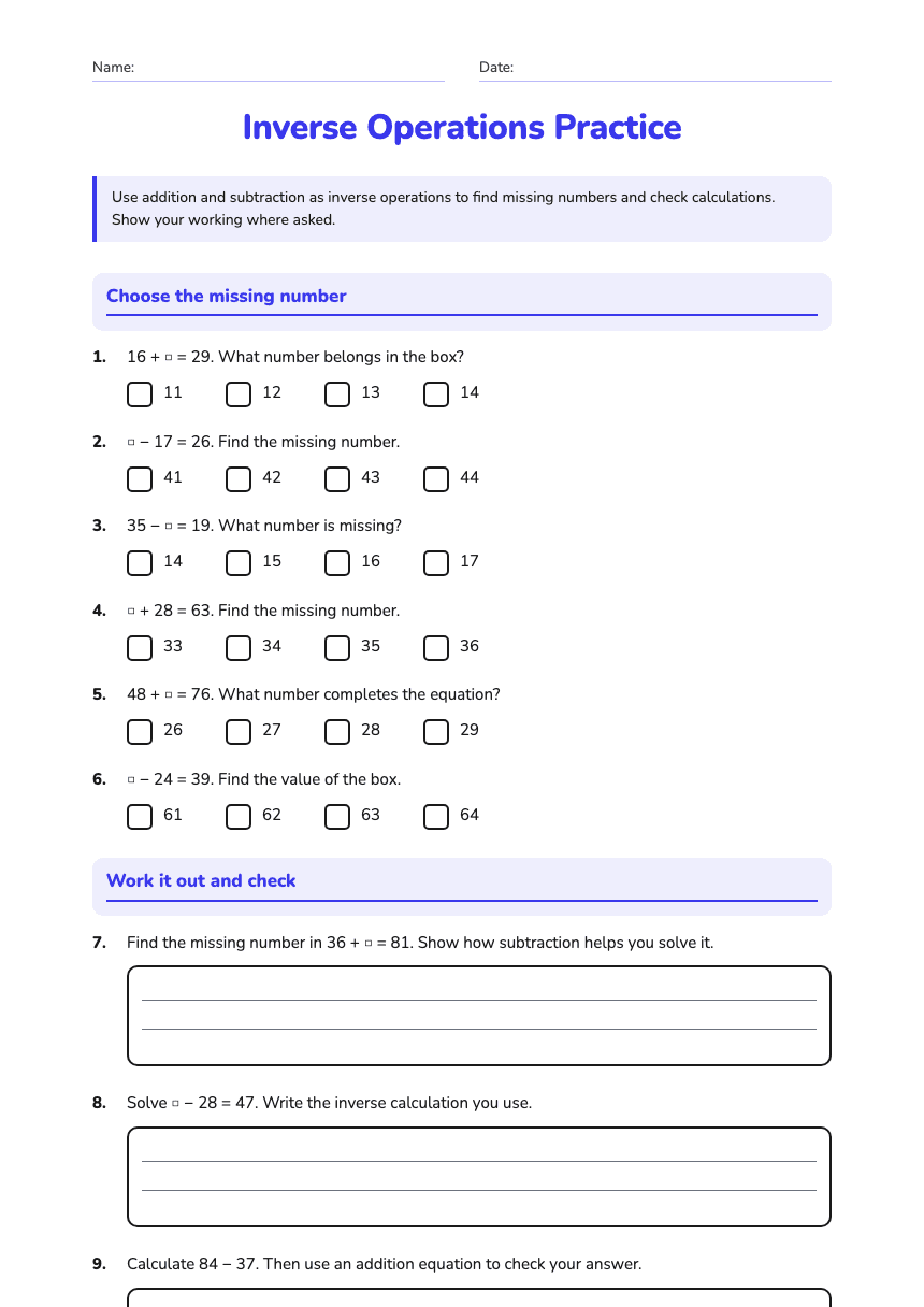 Inverse Operations Practice worksheet preview