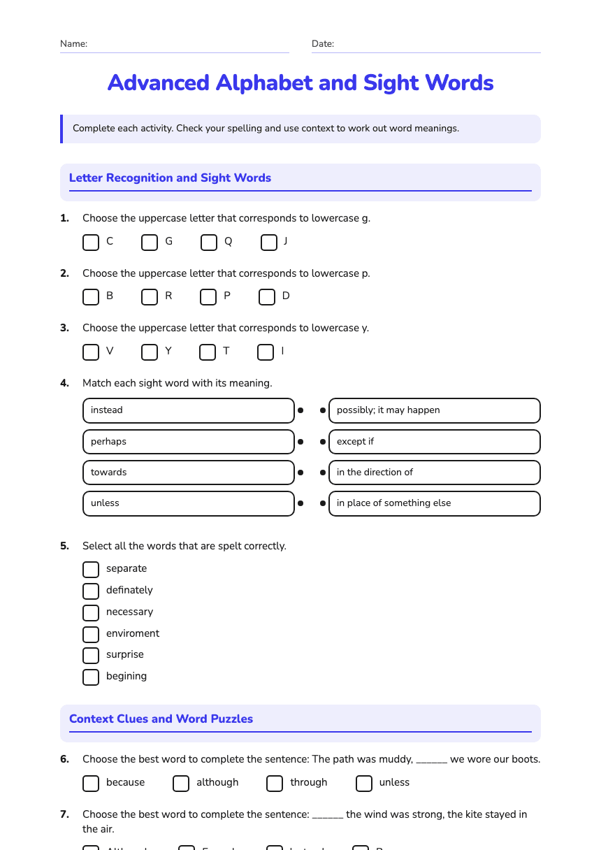 Advanced Alphabet and Sight Words worksheet preview