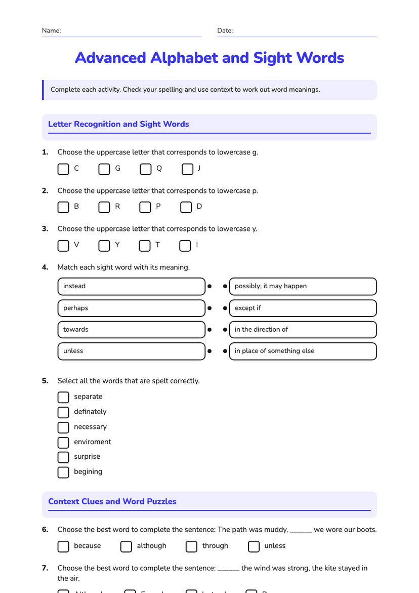 Advanced Alphabet and Sight Words