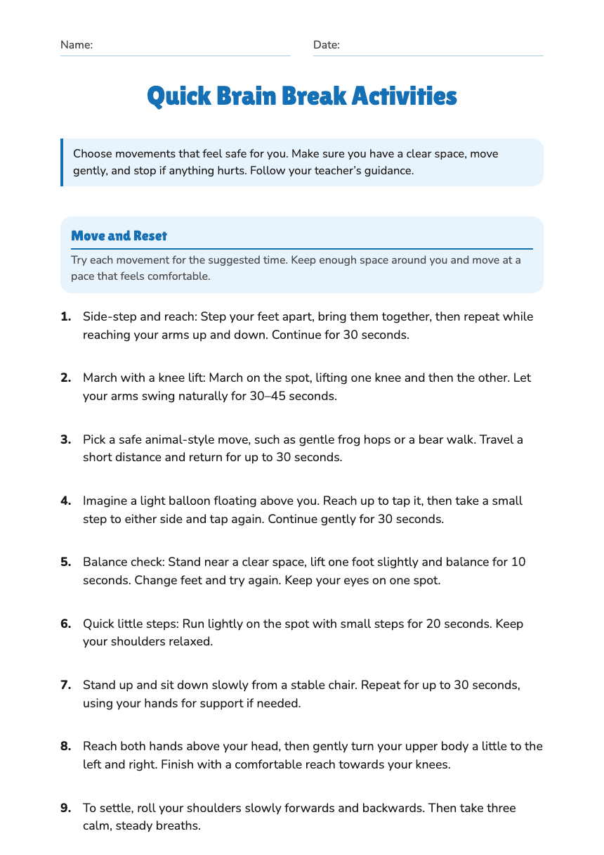 Quick Brain Break Activities worksheet preview