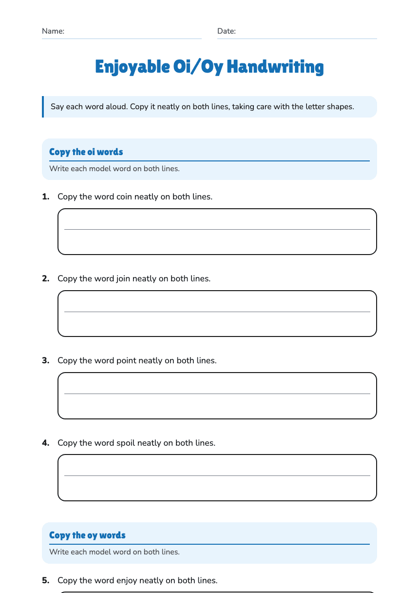 Enjoyable Oi/Oy Handwriting worksheet preview