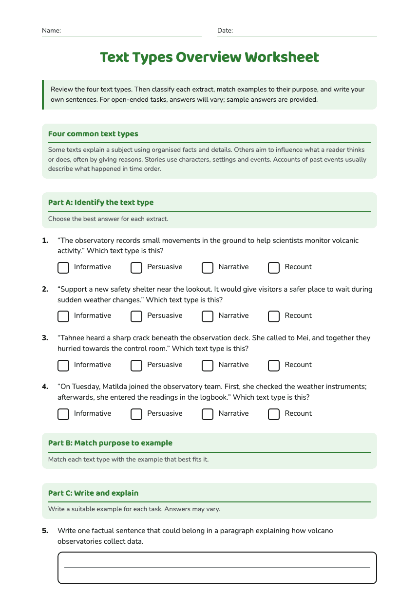 Text Types Overview Worksheet worksheet preview