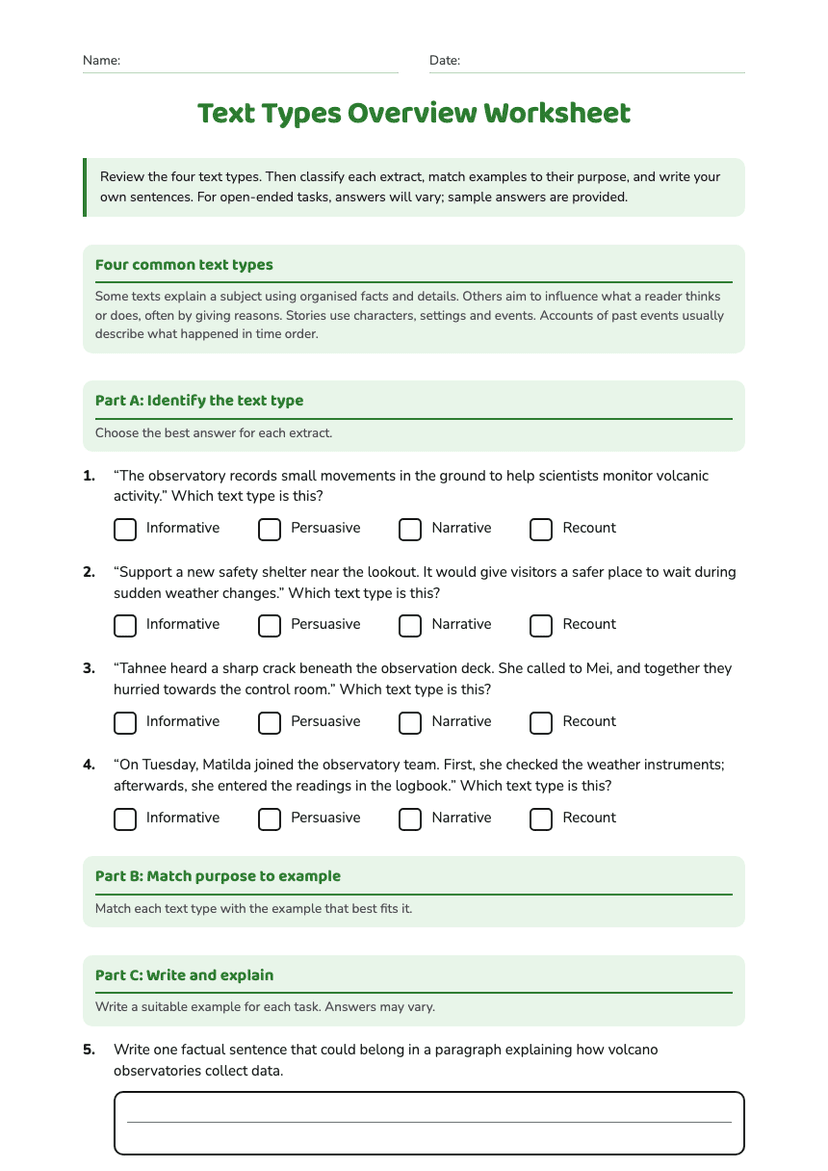 Text Types Overview Worksheet