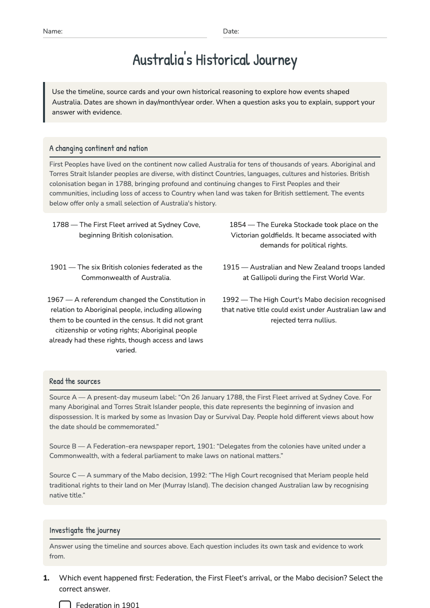 Australia's Historical Journey worksheet preview