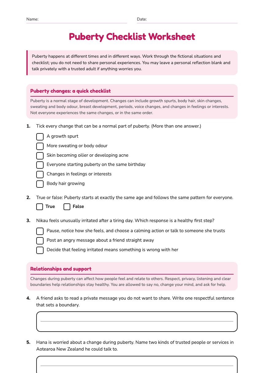 Puberty Checklist Worksheet worksheet preview