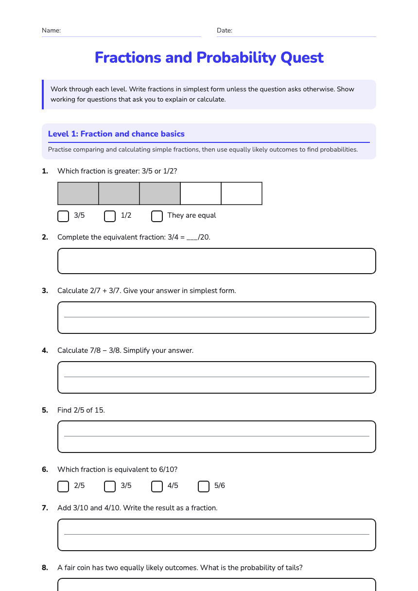 Fractions and Probability Quest worksheet preview
