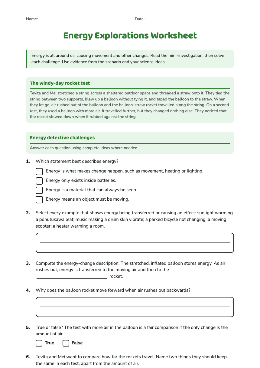 Energy Explorations Worksheet worksheet preview