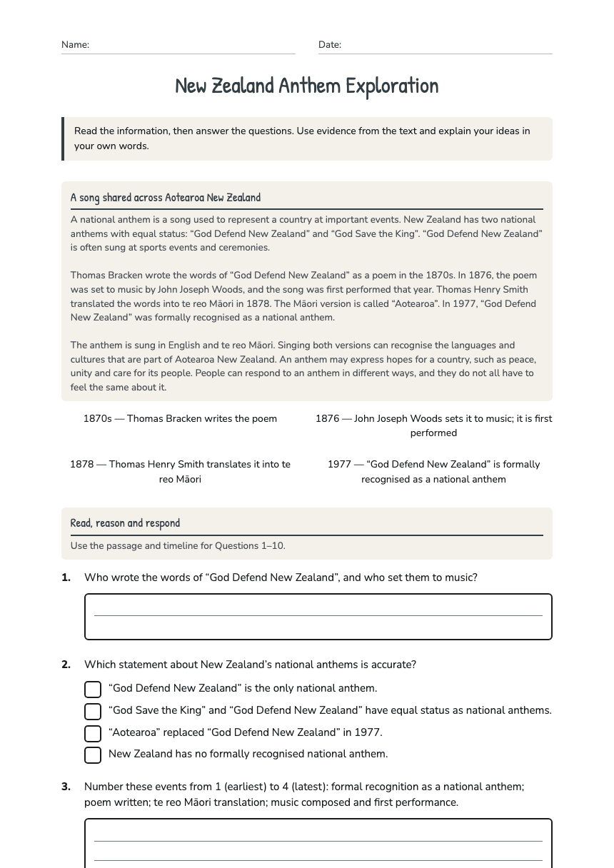 New Zealand Anthem Exploration worksheet preview