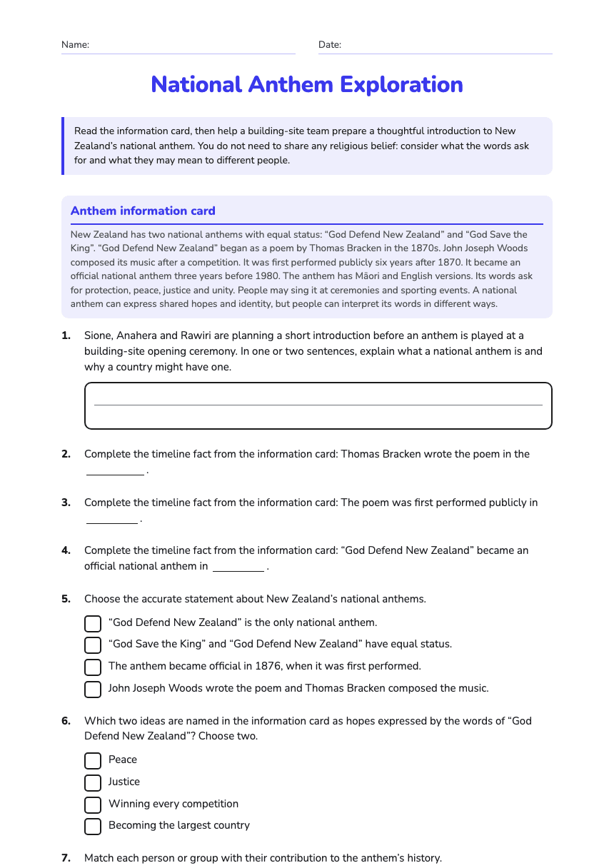 National Anthem Exploration worksheet preview