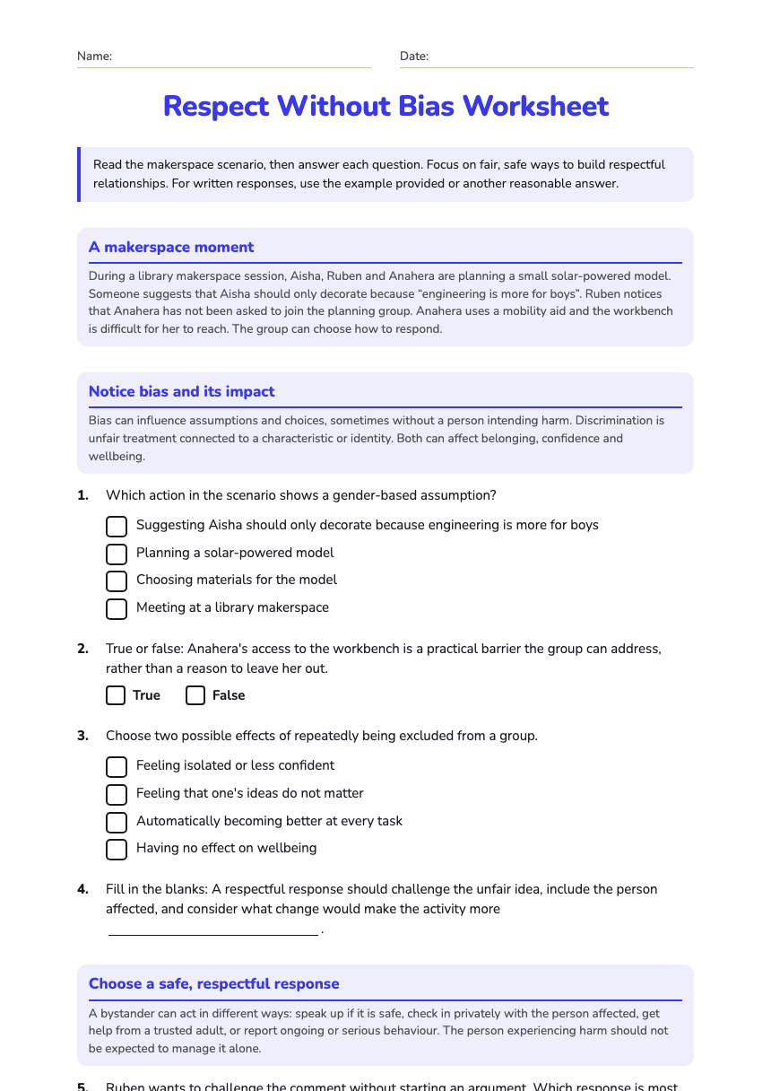 Respect Without Bias Worksheet worksheet preview